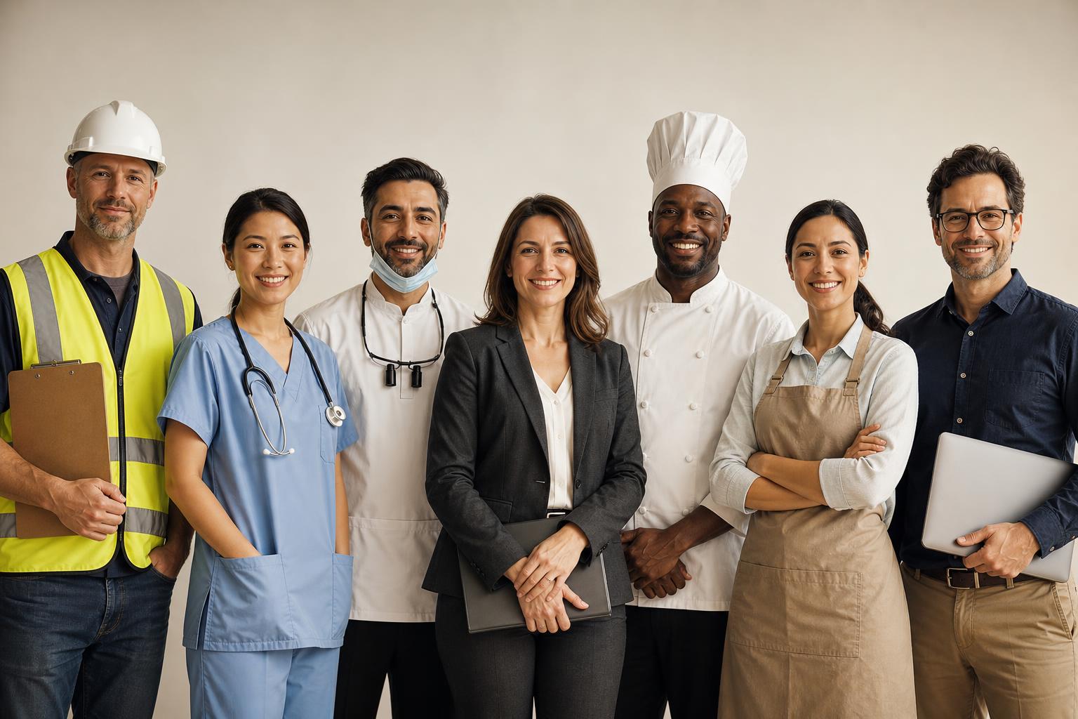 A diverse group of professionals from different industries — contractor, nurse, dentist, businesswoman, chef, shop owner, and IT professional — standing together