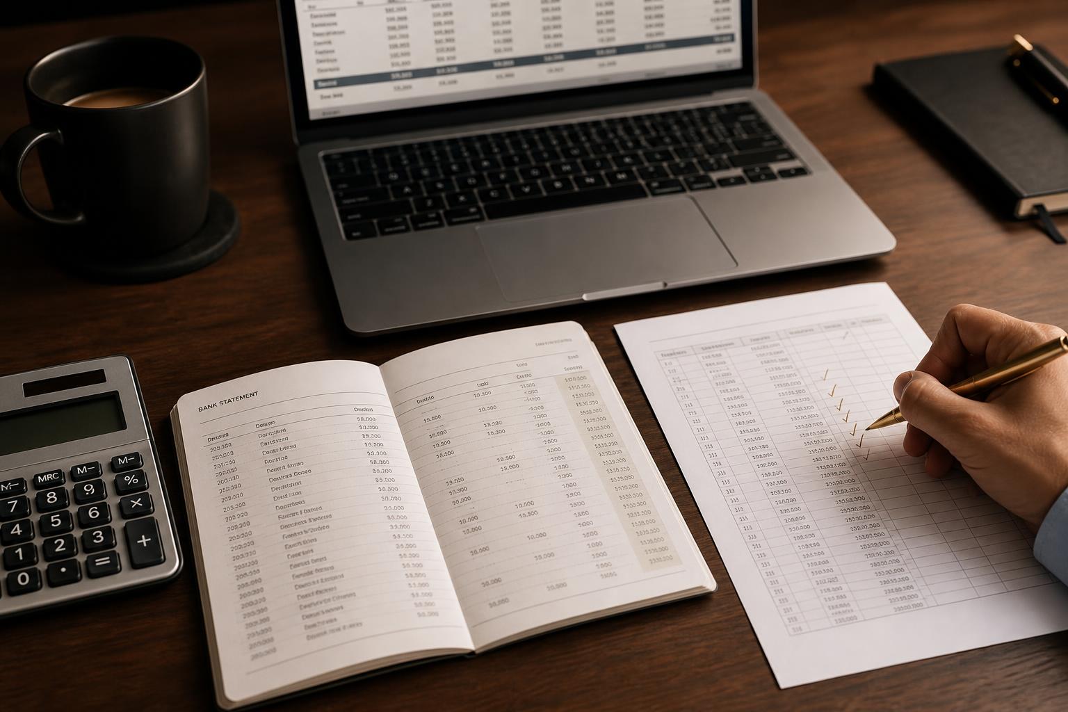 Tablet showing a bank reconciliation report on a marble desk