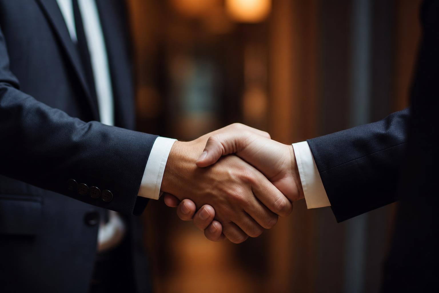 Professional handshake over a marble desk with a financial report